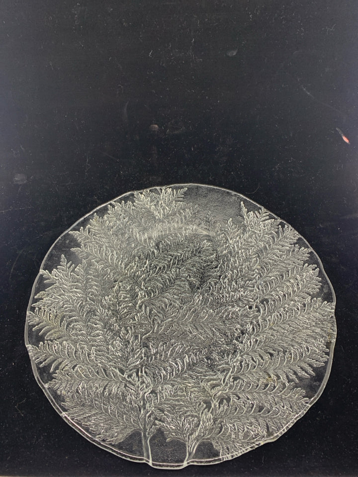 HEAVY GLASS SERVING PLATTER W/ TEXTURED FERN DESIGN.