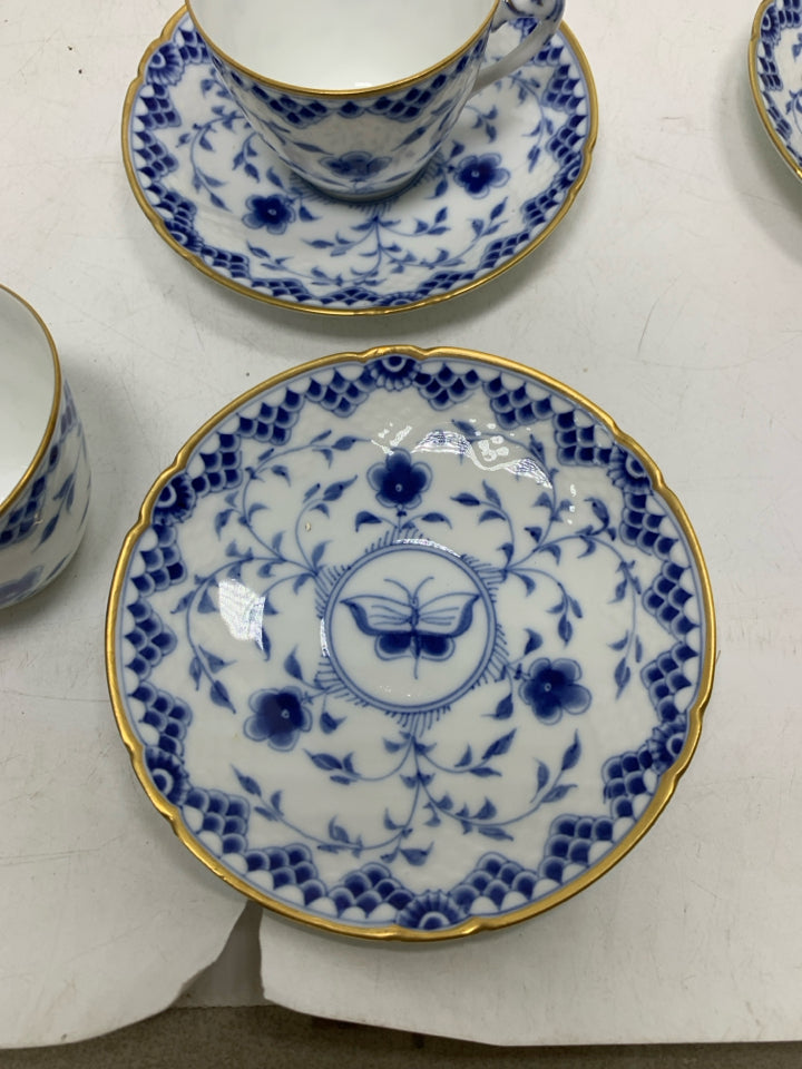 14PC SVC 7 BING & GRONDAHL BLUE BUTTERFLY DICKENS PORCELAIN TEACUP/ SAUCER.