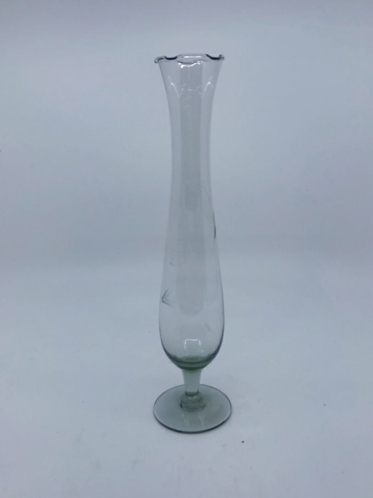 FOOTED SMOKED GLASS ETCHED FLORAL VASE.