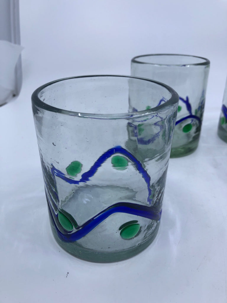 4 GREEN AND BLUE SHORT BLOWN GLASS GLASSES.