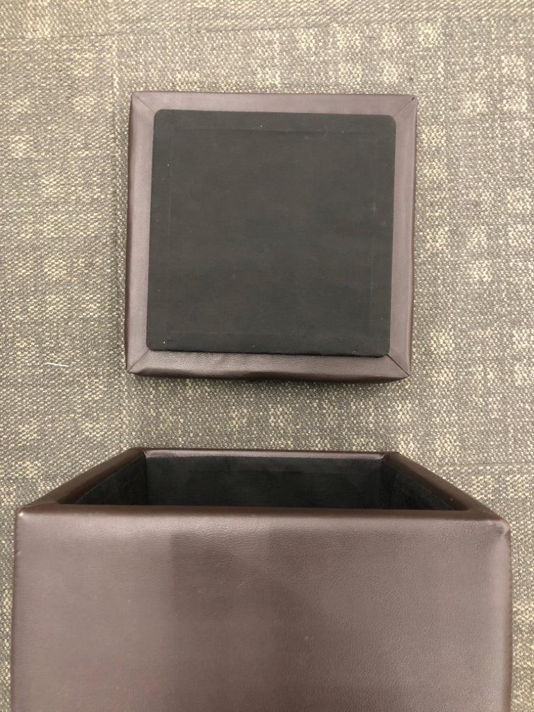 BROWN FAUX-LEATHER STORAGE CUBE.
