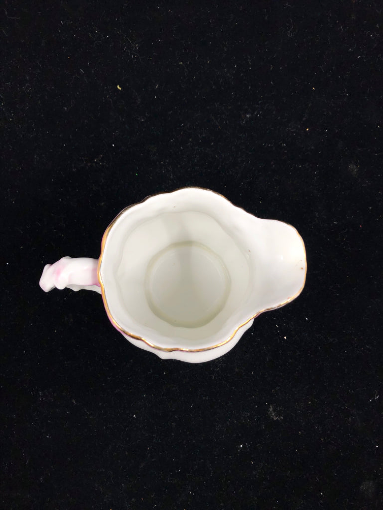 VTG WHITE PITCHER W PINK AND GOLD RIM.