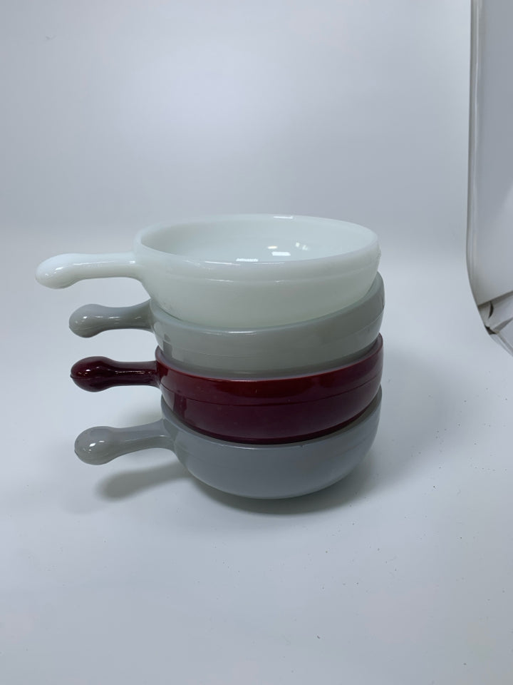 4 VTG FRENCH ONION SOUP CROCKS W/ HANDLES.