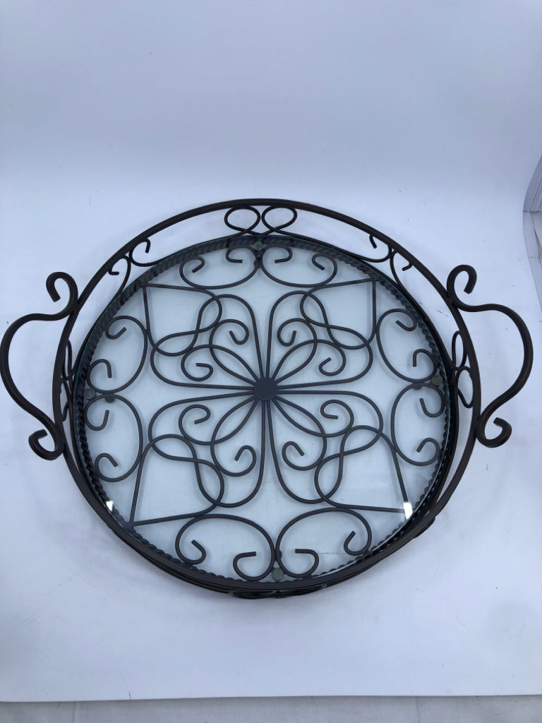 HEAVY BROWN METAL WITH GLASS SERVING TRAY WITH HANDLES.
