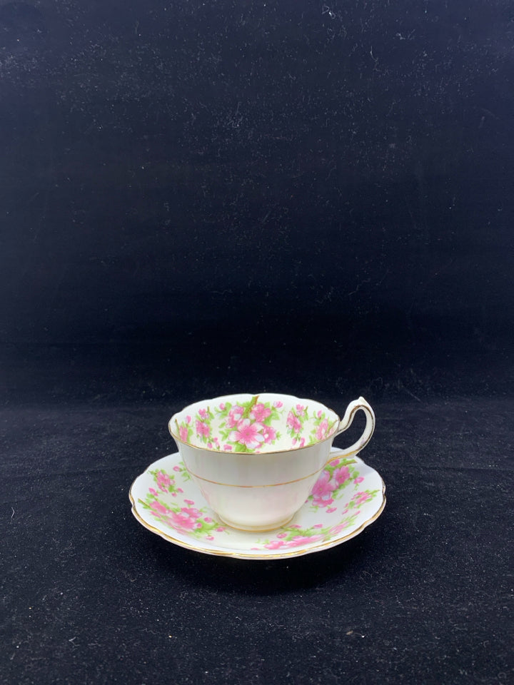 VTG ROYAL STUART PINK FLORAL TEACUP AND SAUCER.