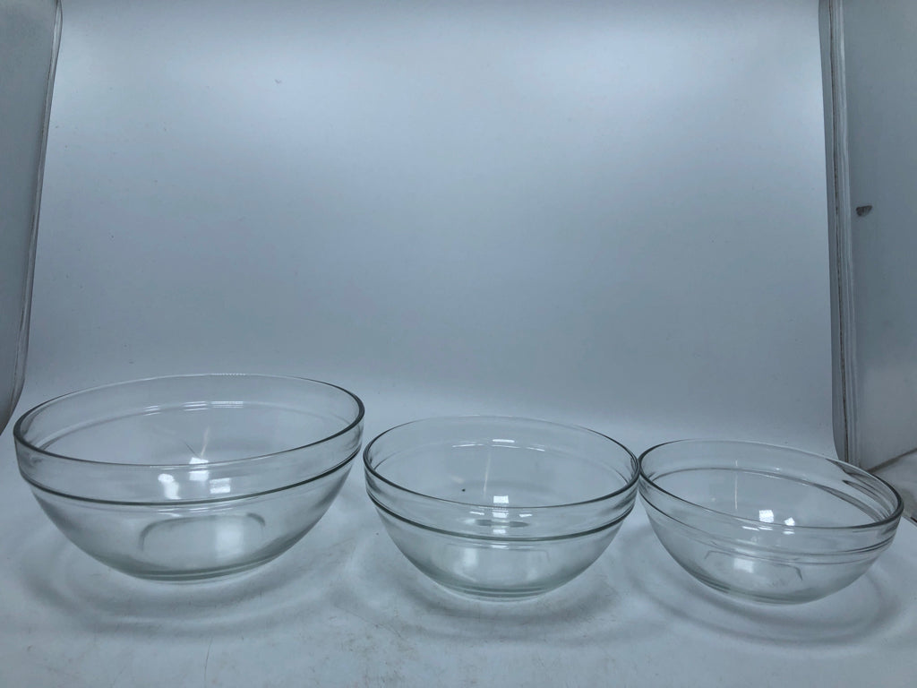 3PC DURABLE CLEAR GLASS NESTING BOWLS.