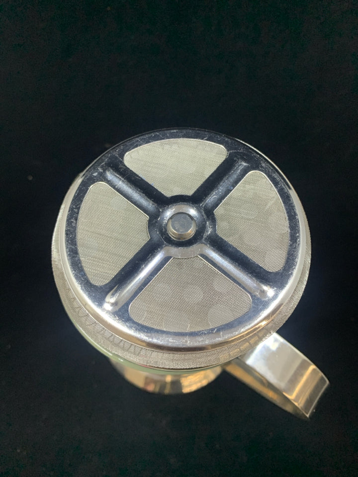 GLASS FRENCH PRESS COFFE POT W/SILVER HANDLE.
