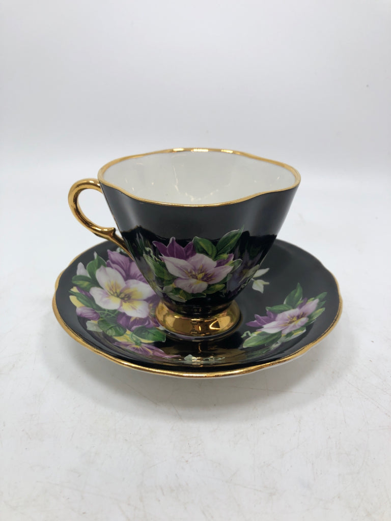 VTG BLACK FLORAL CUP/SAUCER.