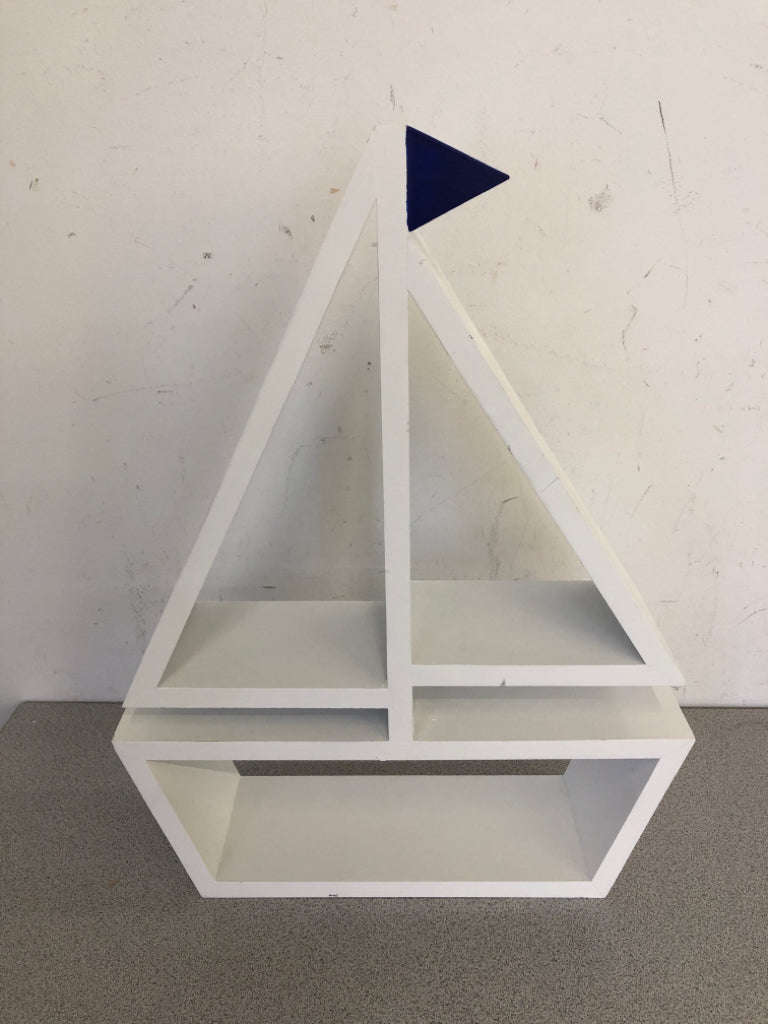 WHITE SAILBOAT SHELF W BLUE FLAG.