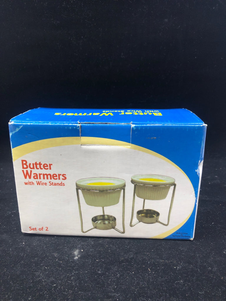 NIB 2 BUTTER WARMERS W/ WIRE STANDS.