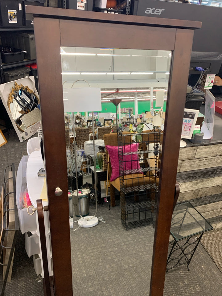 DARK WOOD STANDING MIRROR WITH JEWELRY STORAGE.