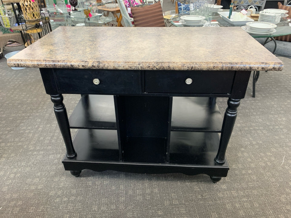 BLACK LEGS W/ MIKA GRANITE COUNTER ISLAND W/ 2 ALL THE WAY THROUGH DRAWERS/ SHEL