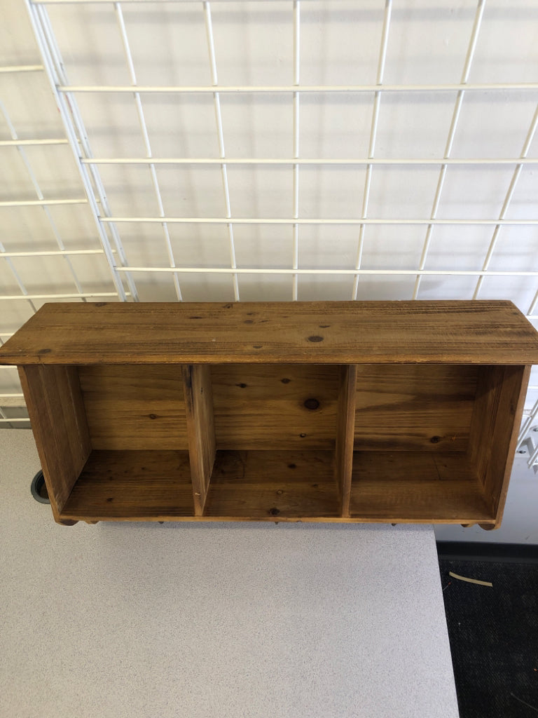 3 CUBBY, 3 HOOK WOOD WALL SHELF.