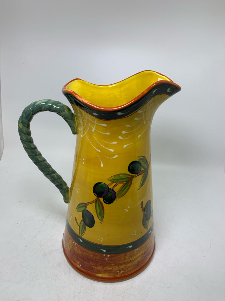 LARGE OLIVE W/ BRANCHES GREEN TWISTED HANDLE PITCHER.