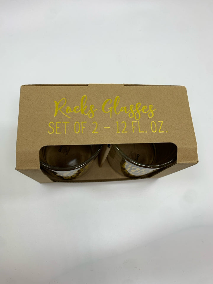 2 NIB HAPPY HOUR GLASSES W/GOLD LETTERING.