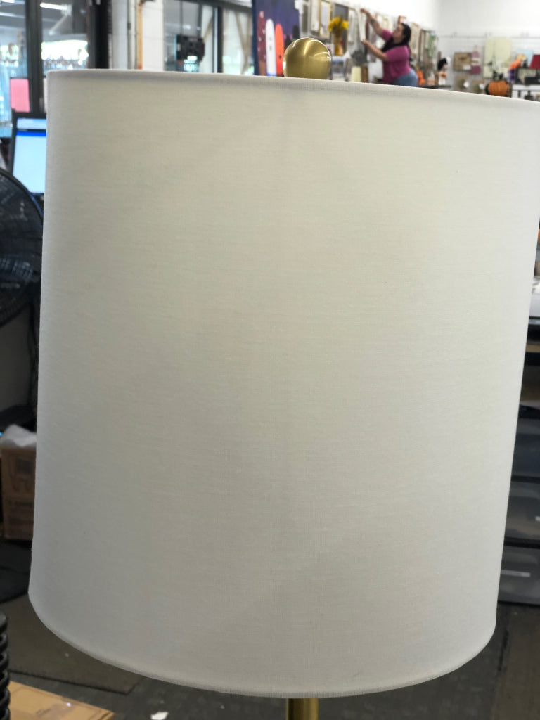 TALL GOLD FLOOR LAMP WHITE SHADE.