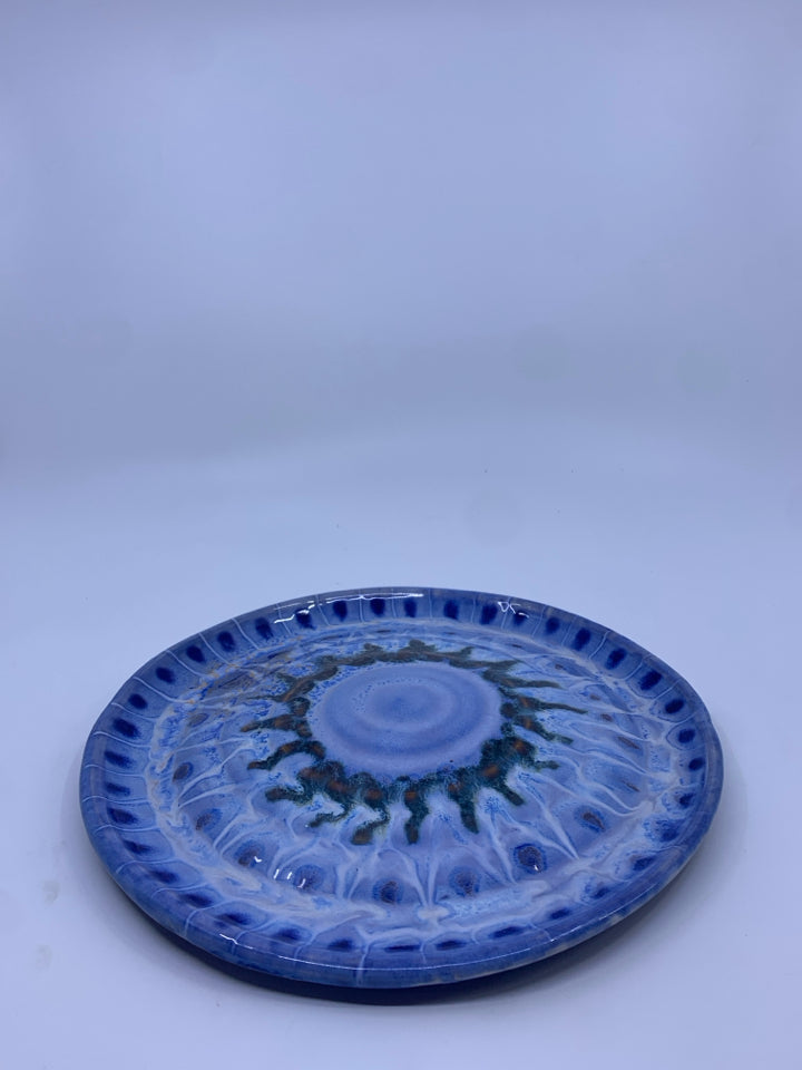 BLUE POTTERY CANDLE PLATE.