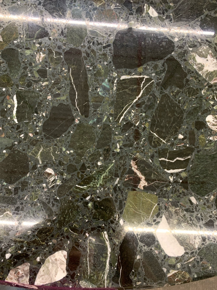 BLACK WROUGHT IRON BLACK MARBLE TOP CONSOLE TABLE.