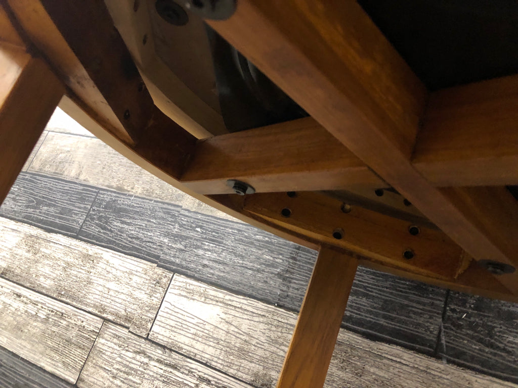 2PC WOODEN SWIVEL STOOLS W/BEIGE CUSHION.