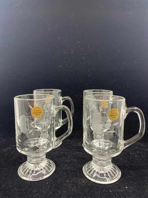 4 IRISH COFFEE FOOTED ETCHED MUGS.