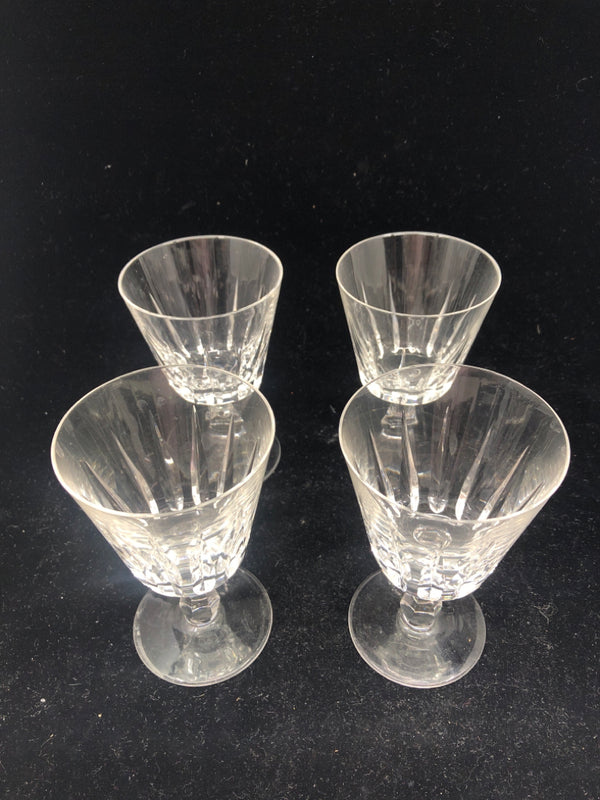 4 SHORT CUT GLASS WINE GLASSES.