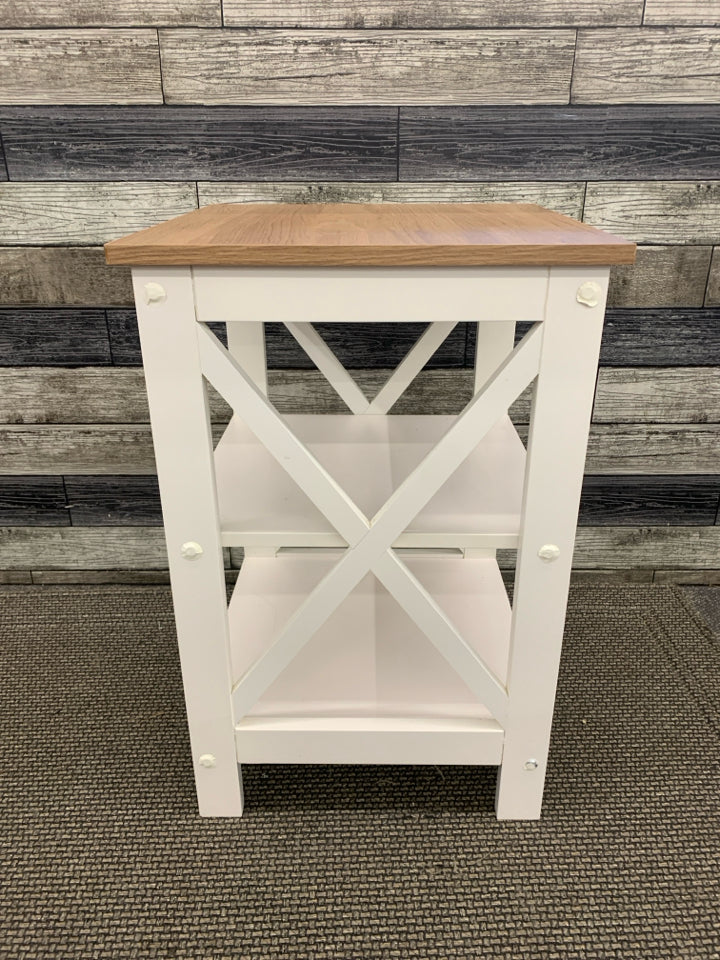 WOOD TOP WHITE PAINTED X SIDE TABLE W/SHELVES.