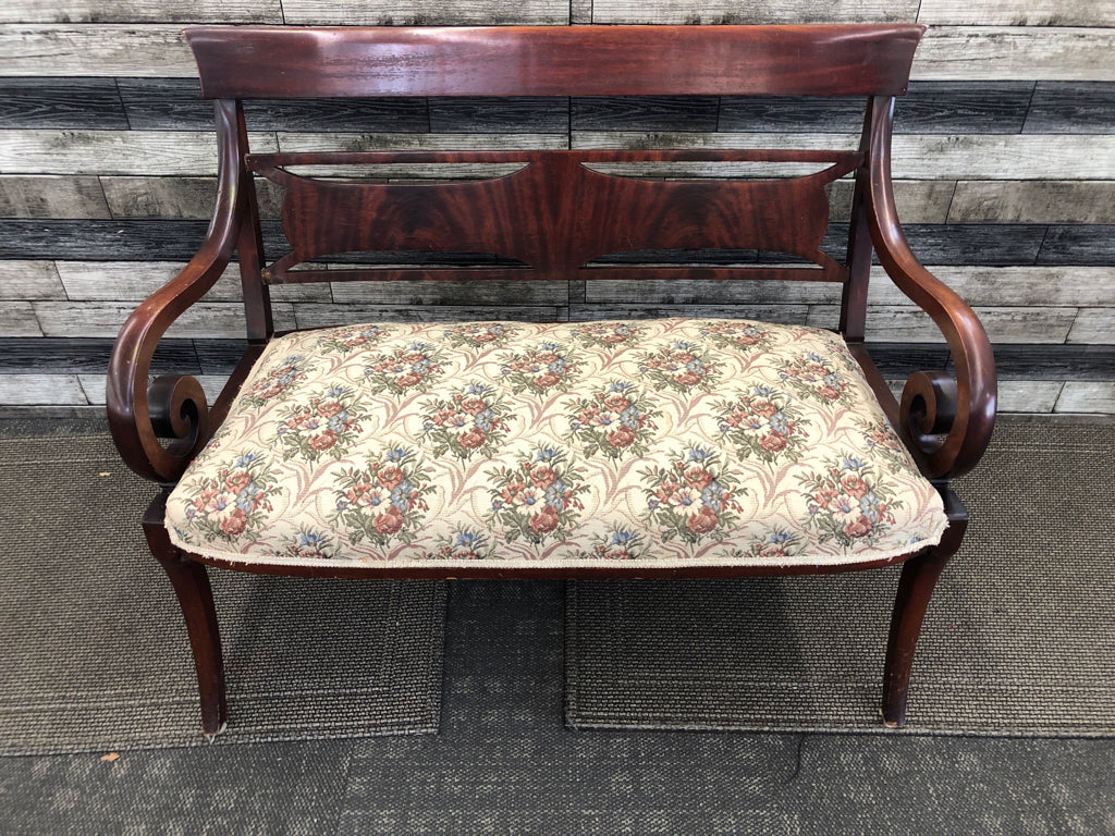 CHERRY WOOD, FLORAL CUSHION BENCH.