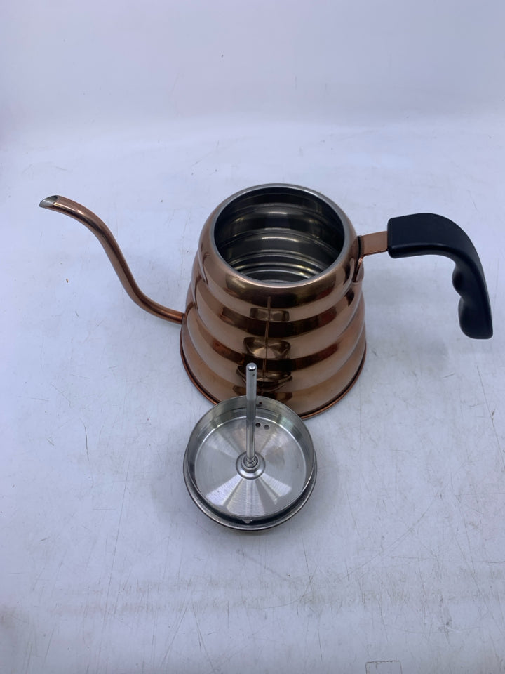 STAINLESS STEEL COPPER COLORED GOOSENECK W/ THERMOMETER BEE HIVE KETTLE.