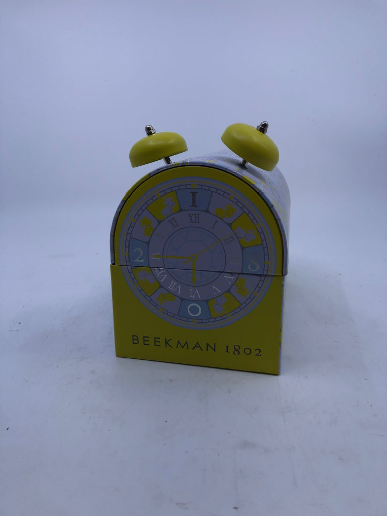 TIN STORAGE CONTAINER WITH LID YELLOW CLOCK.