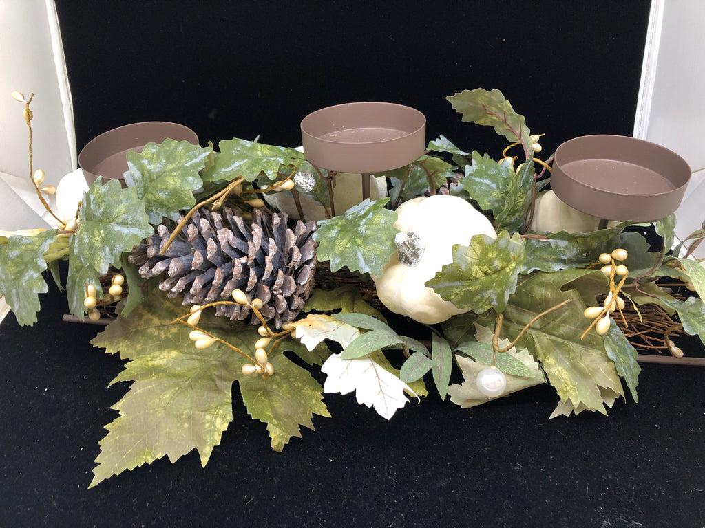 WHITE PUMPKIN GREEN LEAVES BROWN METAL PILLAR CANDLE HOLDER.