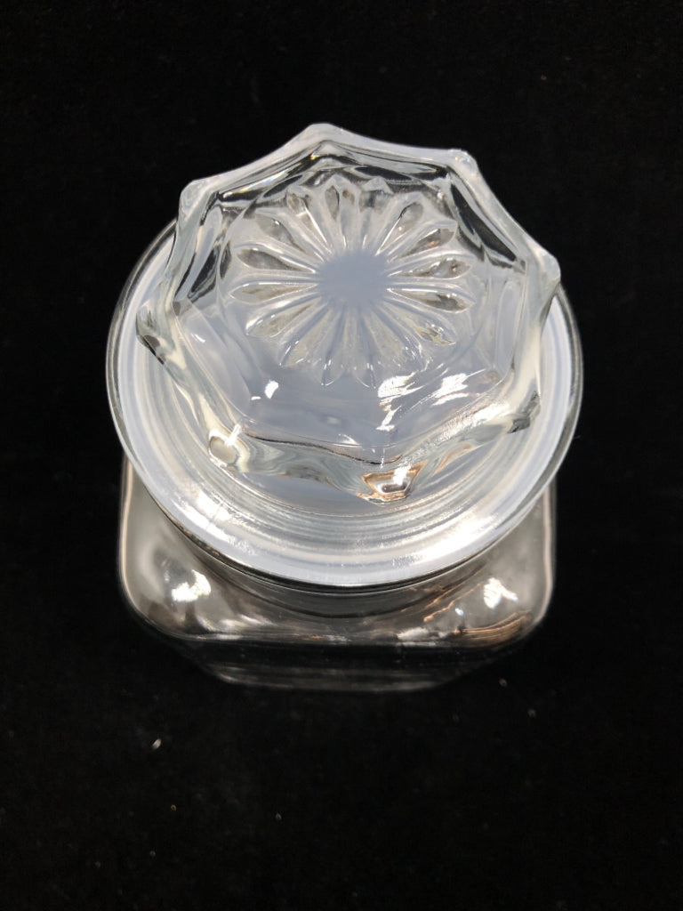 GLASS APOTHECARY JAR W/FLOWER LID.