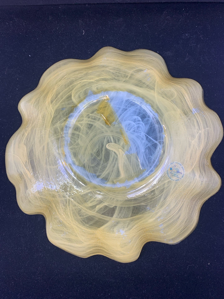 RECYCLED GLASS TAN PLATTER W/ SMOKEY LOOK WAVY EDGE.