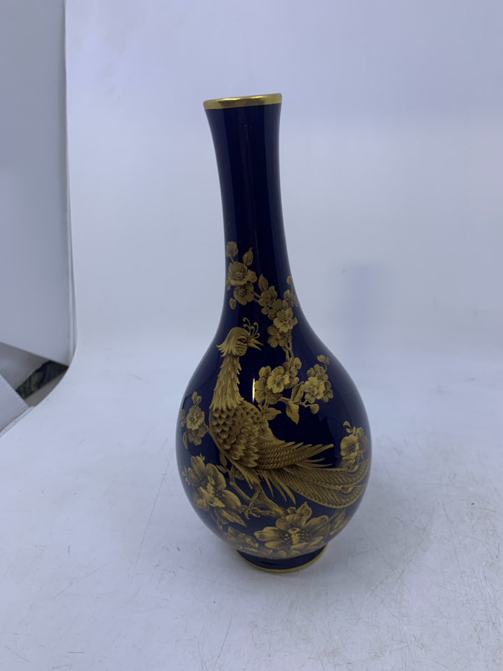 COBALT BLUE VASE W/ GOLD DETAILED BIRD SKINNY NECK.