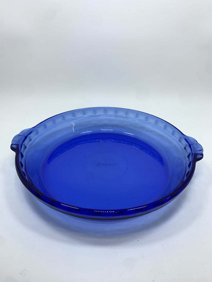 BLUE GLASS PYREX PIE DISH.
