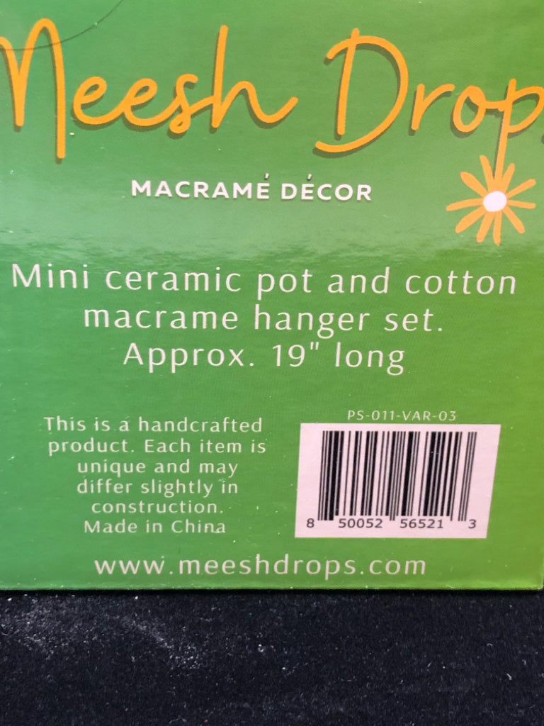 MACRAME DECOR CERAMIC POT W/HANGER IN BOX.