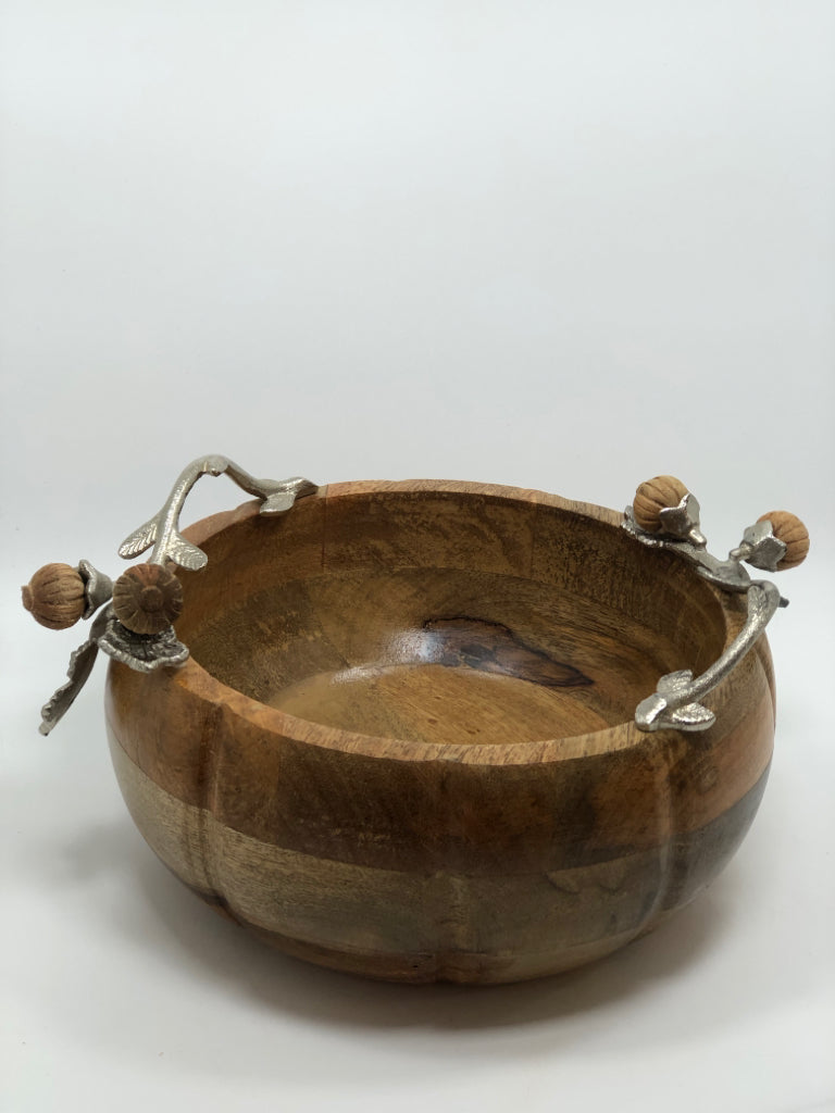 WOOD CARVED BOWL W/METAL ACORN DETAILS.