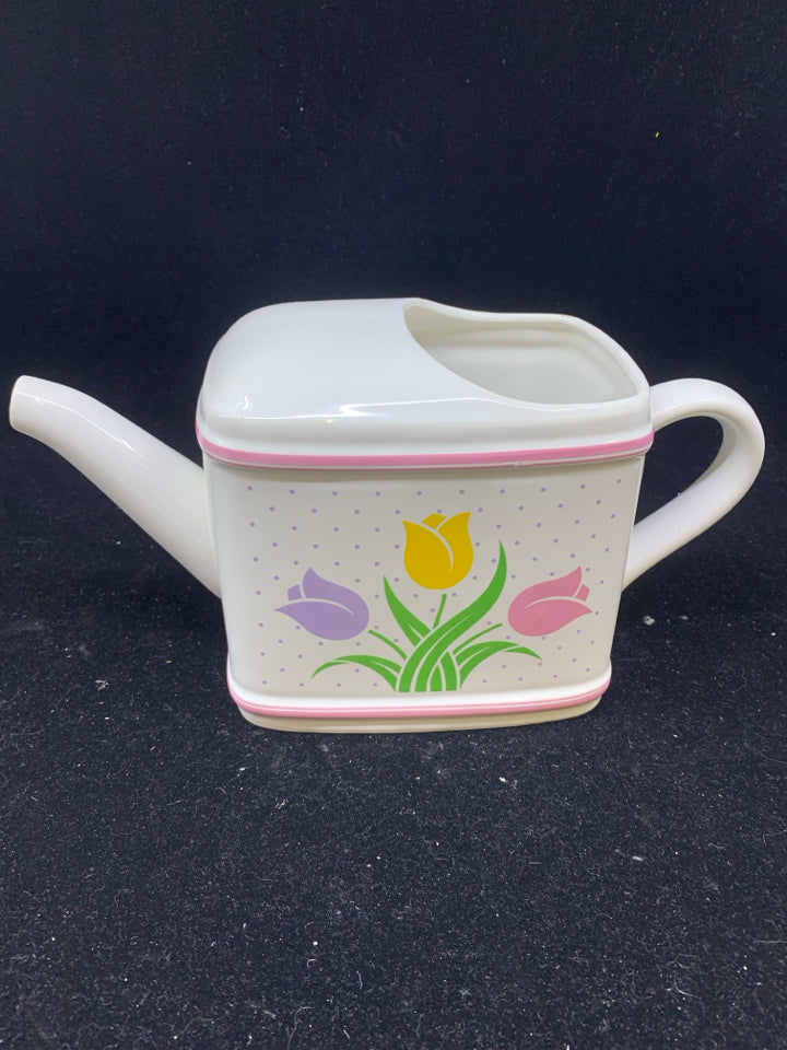 VTG PAINTED TULIP FAUX WATERING CAN PLANTER.