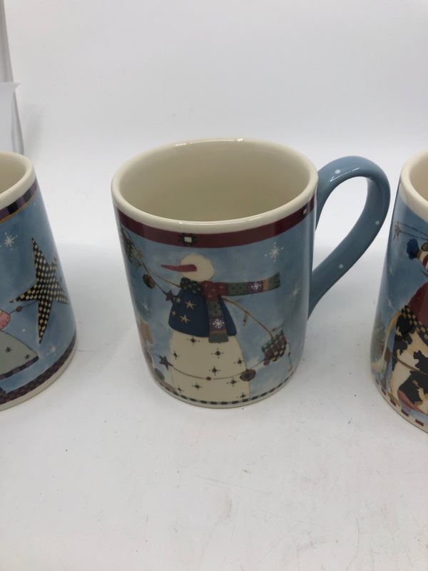 4 BLUE PRIMITIVE CHRISTMAS MUGS.