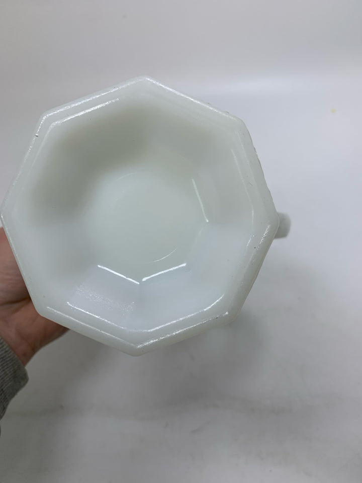 FOOTED MILK GLASS PITCHER W/ EMBOSSED GRAPES.