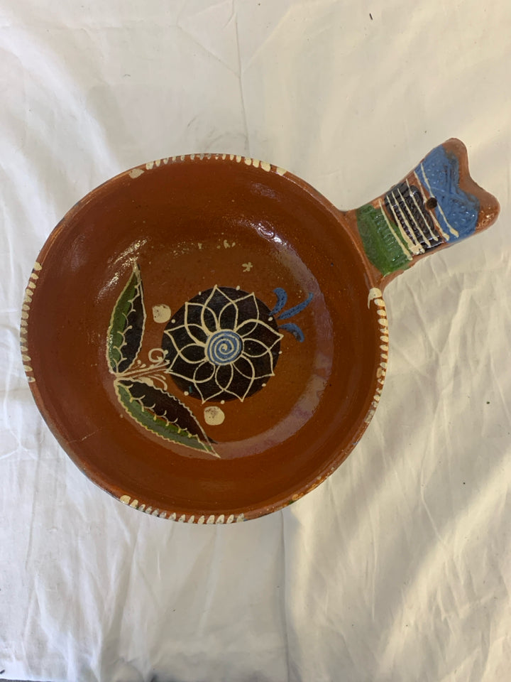 BLACK AND BLUE MEXICAN POTTERY BOWL W HANDLE.