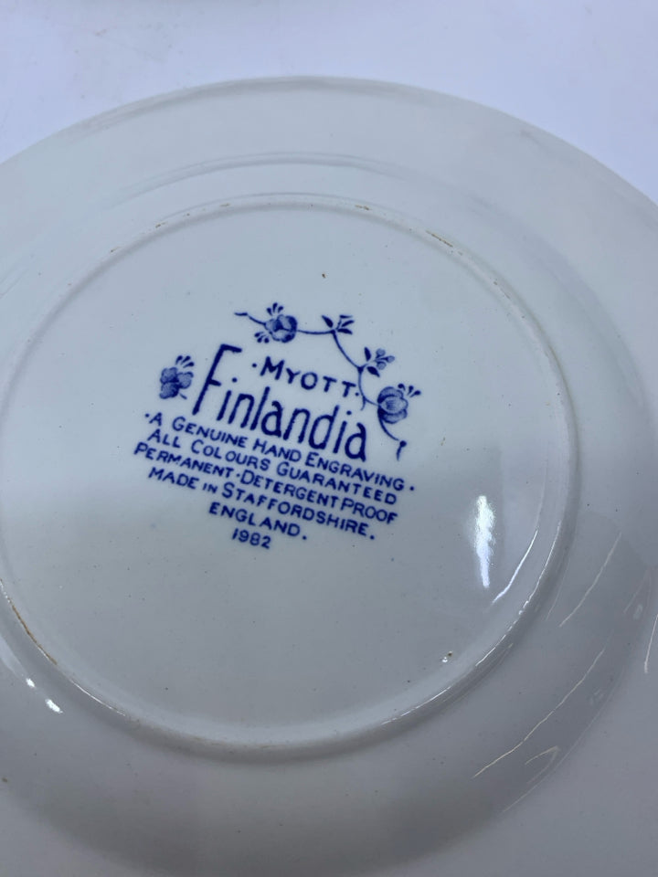 4 FINLANDIA WHITE + BLUE FLORAL DESIGN PLATES *MADE IN ENGLAND.