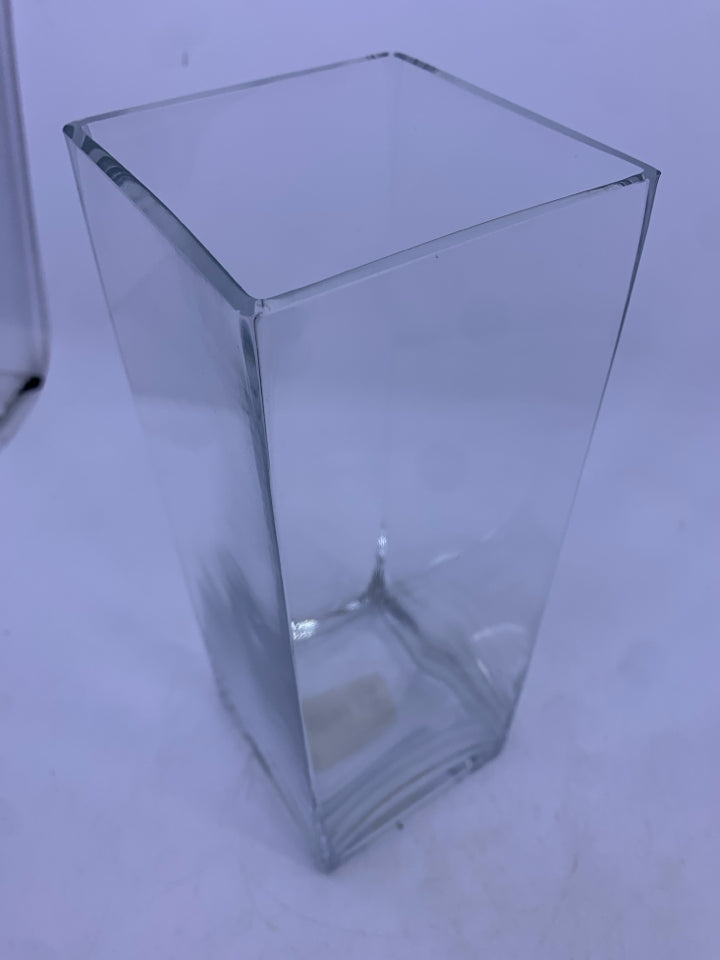 TALL SQUARE THICK GLASS VASE.