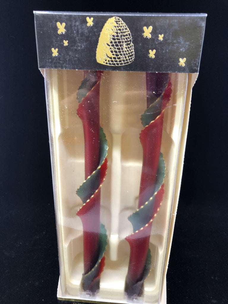 NIB BEESWAX TAPER CANDLE RED/GREEN.