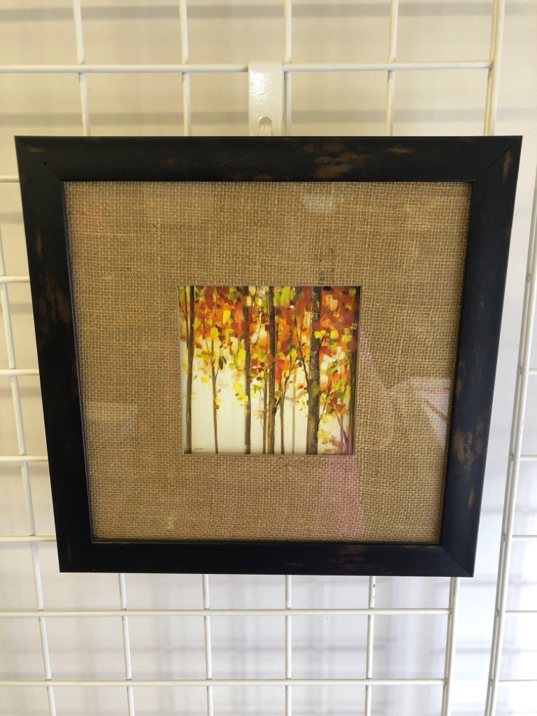 ABSTRACT TREES W RED/ORANGE LEAVES IN BLACK FRAME WALL ART.