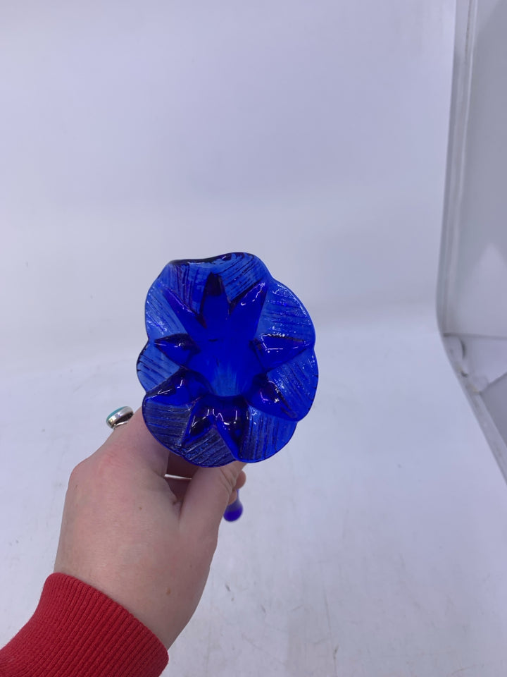 COBALT BLUE BLOWN GLASS FLOWERS.