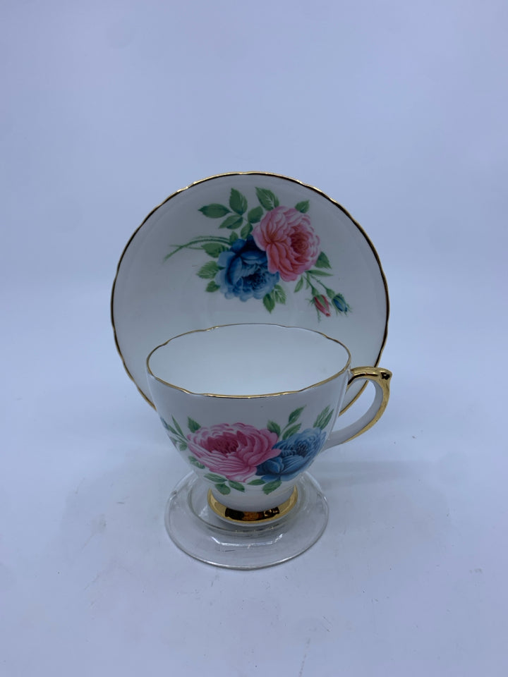 VTG ROYAL TRENT PINK AND BLUE FLORAL TEACUP AND SAUCER.