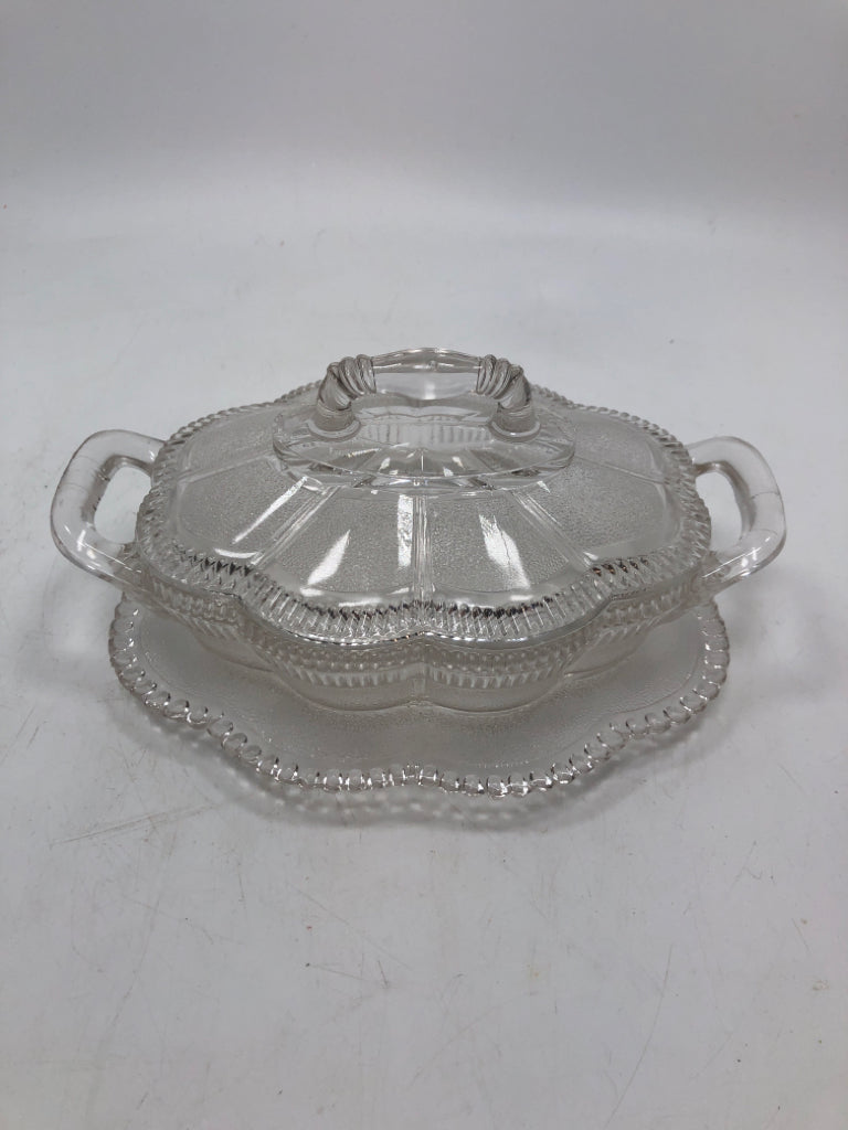 VTG CLEAR PRESSED GLASS OVAL HANDLED DISH W/LID.