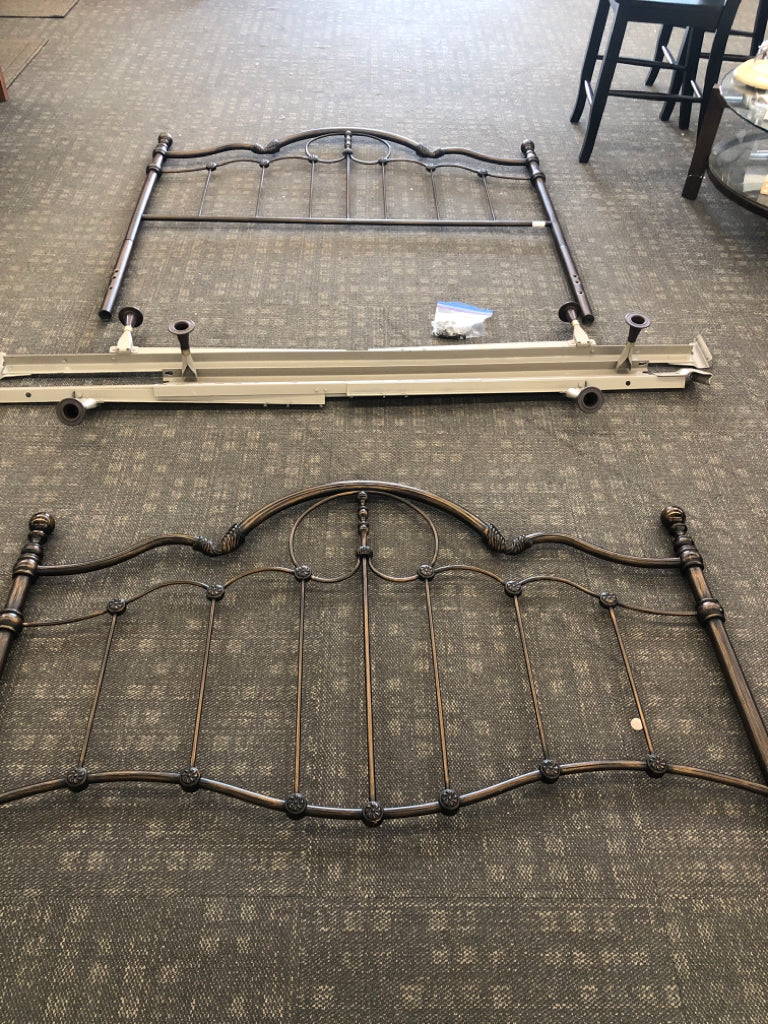 DARK BROWN METAL DISTRESSED QUEEN BED FRAME W SIDE RAILS.