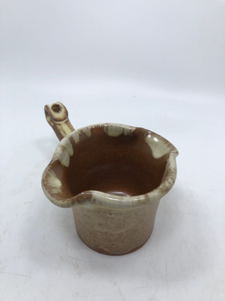 BROWN GLAZED POTTERY BUTTER WARMER.