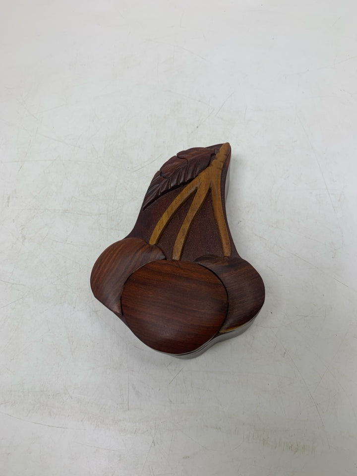 DARK WOOD CARVED CHERRIES PUZZLE TRINKET BOX.